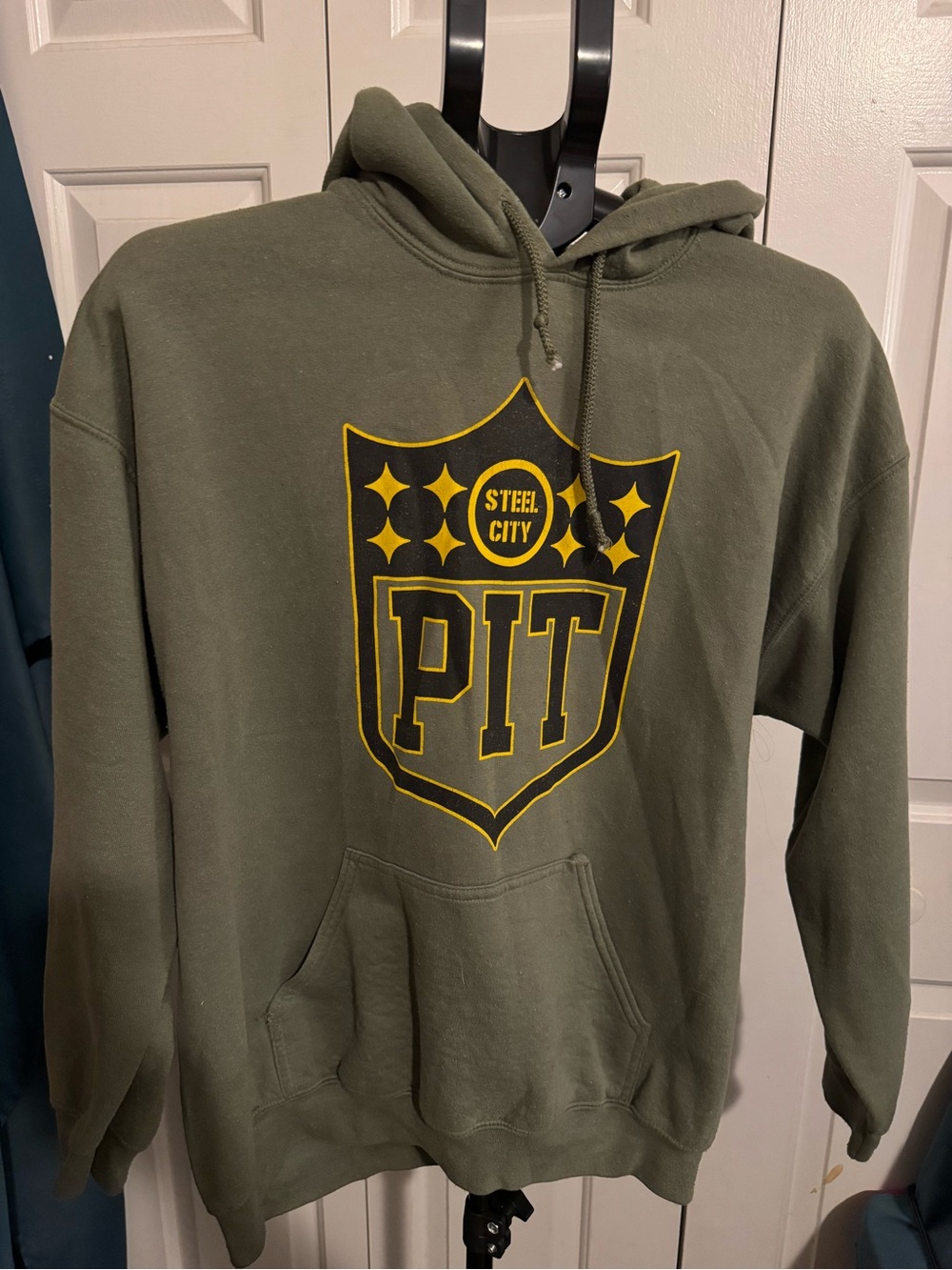 Gildan Olive Green Crewneck Hoodie with Yellow PIT Steel City Shield